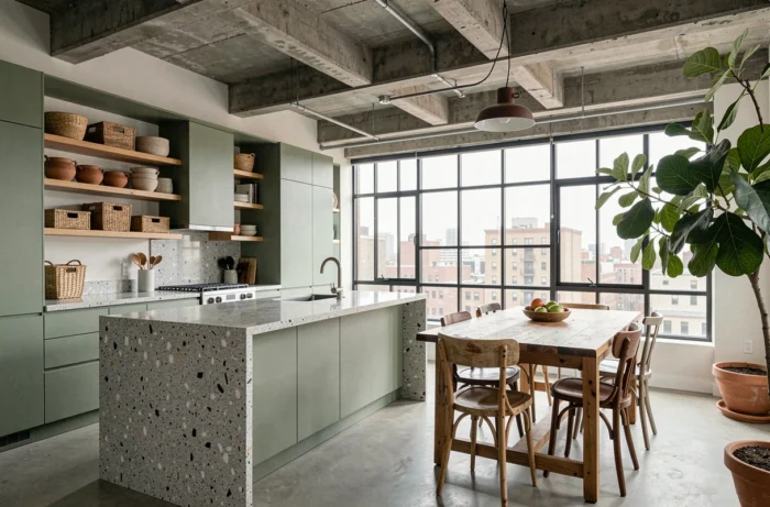 Cuisine ouverte tendance avec îlot en terrazzo, façades vert sauge mat et table en chêne brut dans un loft urbain