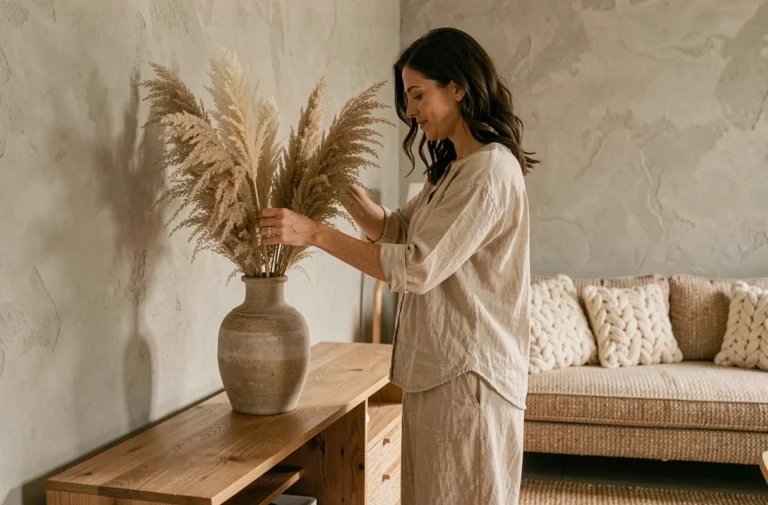 Femme arrangeant des herbes de pampa dans un vase céramique dans un salon scandinave aux tons naturels et chaleureux