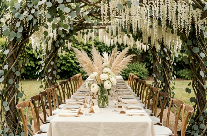 Table de mariage en plein air décorée de fleurs blanches, eucalyptus et vaisselle dorée sous un dais végétal