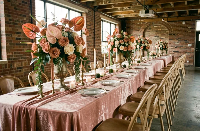 Table de réception de mariage dans un lieu industriel chic avec arrangements floraux, bougies en laiton et vaisselle dorée tendance