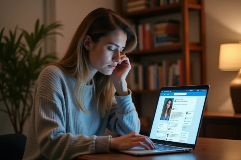 Femme scrutant son profil Facebook sur un ordinateur portable dans un bureau à domicile, cherchant à savoir qui a consulté sa page