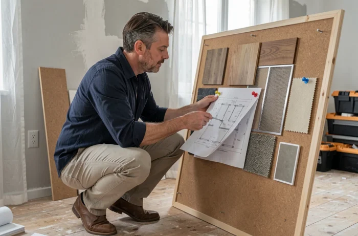 Designer d'intérieur analysant un moodboard et des plans dans un bureau en cours de réaménagement personnalisé