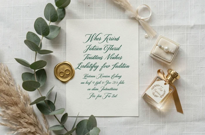 Détails de mariage élégants disposés en flat-lay : faire-part manuscrit, alliances, cachet en cire et eucalyptus sur lin blanc