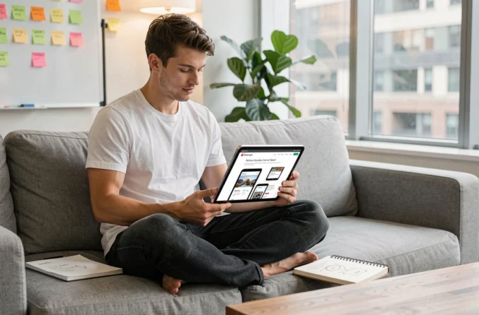 Jeune développeur web travaillant sur la conception responsive d'un site internet depuis une tablette