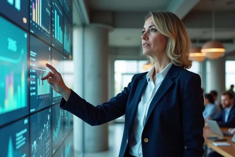 Dirigeante d'entreprise présentant un tableau de bord numérique dans un bureau moderne, illustrant la transformation digitale en entreprise