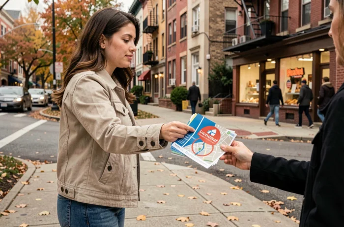 Une jeune femme distribue des flyers géolocalisés à des passants dans un quartier résidentiel proche d'une laverie automatique, dans le cadre d'une campagne de communication d'ouverture ciblée.
