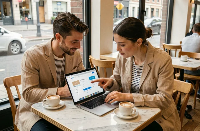 Deux personnes en train de s'entraider pour compléter une inscription sur une plateforme de formation en ligne dans un café