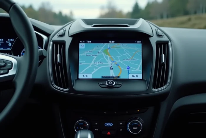 Écran tactile Ford SYNC affichant l'interface de navigation GPS connectée avec itinéraire en temps réel