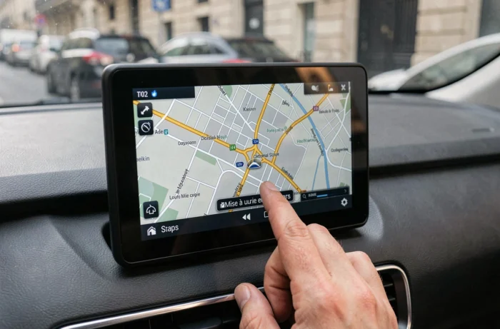 Écran GPS Citroën affichant une mise à jour de carte en cours sur le tableau de bord