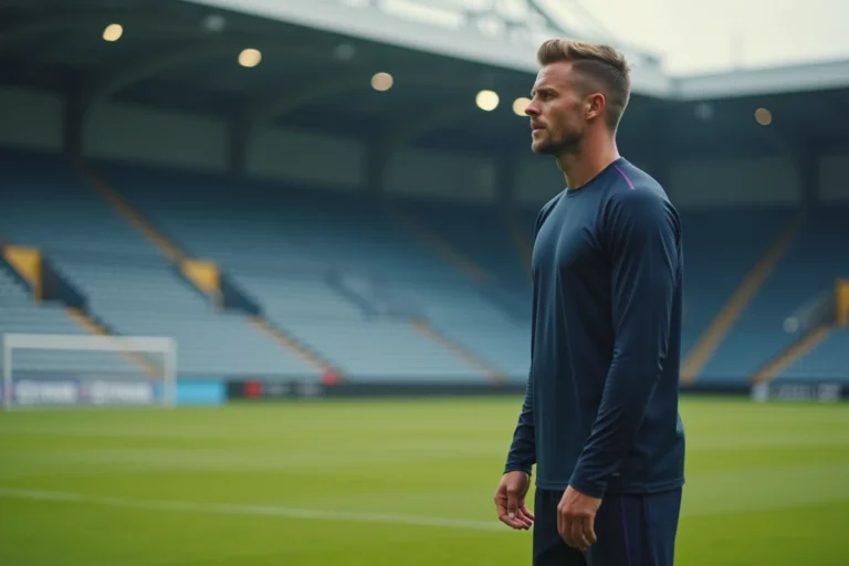 Footballeur professionnel en tenue d'entraînement sur un terrain de football, regard tourné vers l'avenir, symbolisant la carrière d'Eden Hazard