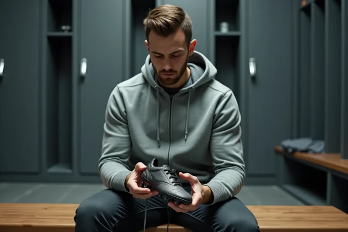 Ancien joueur de football assis dans un vestiaire, tenant une chaussure de foot usée, évoquant la nostalgie et la fin de carrière d'Eden Hazard