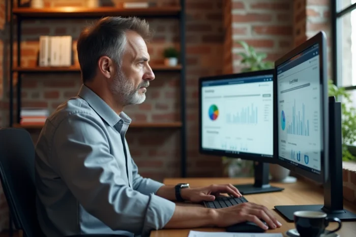 Entrepreneur analysant des logiciels ERP et des données analytiques sur double écran dans un bureau loft, symbolisant la digitalisation des processus métier