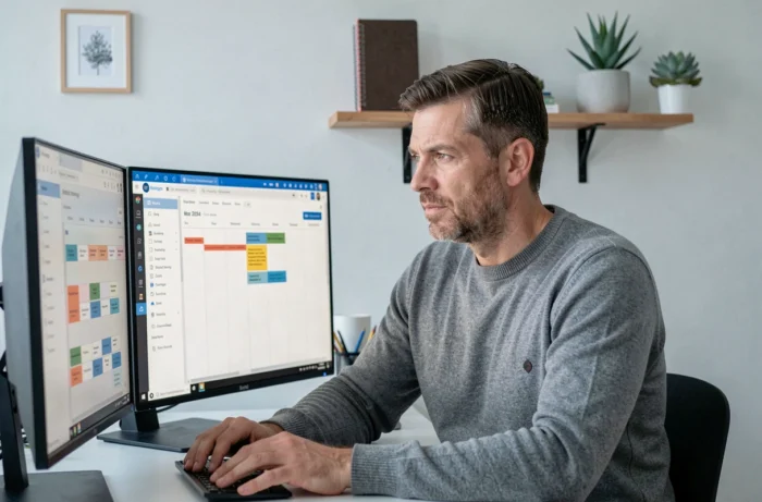 Entrepreneur en télétravail gérant une campagne de marketing digital depuis son bureau à domicile en 2024