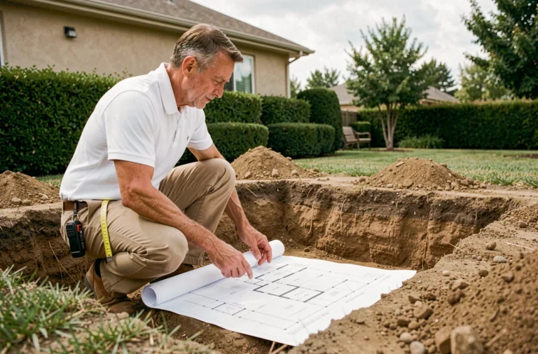Entrepreneur évaluant les plans d'une piscine enterrée lors de la phase d'excavation dans un jardin résidentiel