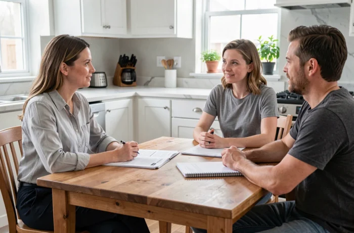 Entretien d'embauche pour une nounou avec des parents autour d'une table de cuisine moderne