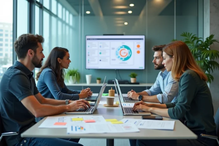 Équipe professionnelle collaborant autour d'une stratégie de digitalisation en salle de réunion avec ordinateurs et tableaux de bord