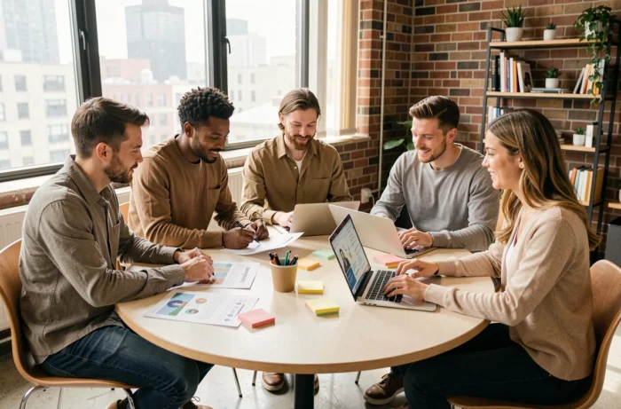 Équipe marketing collaborative travaillant sur des stratégies digitales 2024 autour d'une table dans un espace de coworking