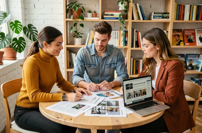 Équipe de jeunes professionnels des médias analysant des innovations éditoriales européennes