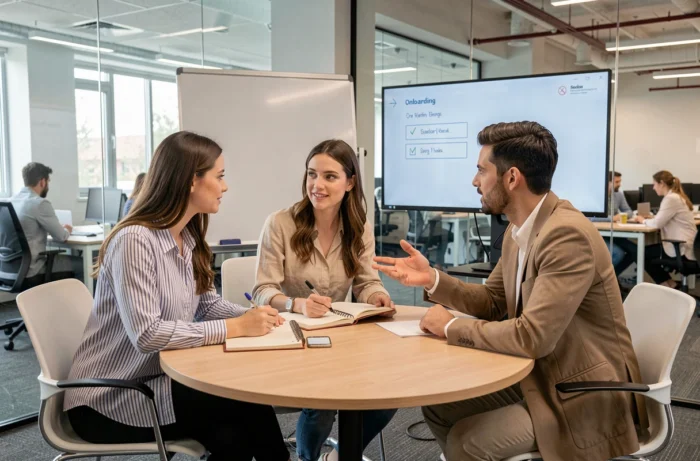 Équipe de jeunes professionnels collaborant autour d'une table lors d'une réunion sur les premières étapes de Business Ethique