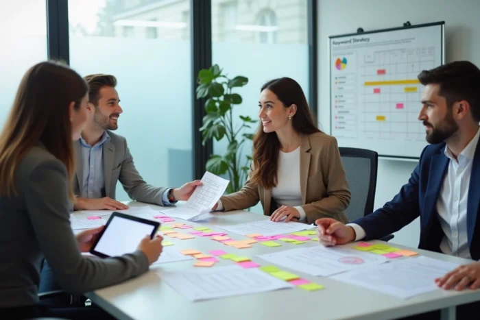 Équipe marketing collaborant sur une stratégie d'analyse de mots clés autour d'une table avec des documents imprimés et des notes colorées