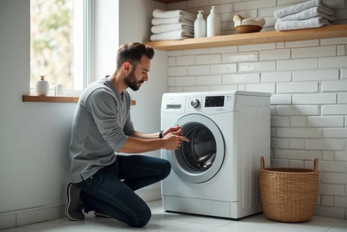 Homme consultant le panneau de commande d'un lave-linge dans une buanderie rangée et fonctionnelle