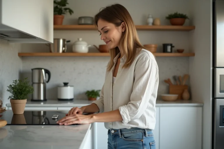 Femme inspectant un équipement électroménager moderne dans une cuisine contemporaine bien aménagée