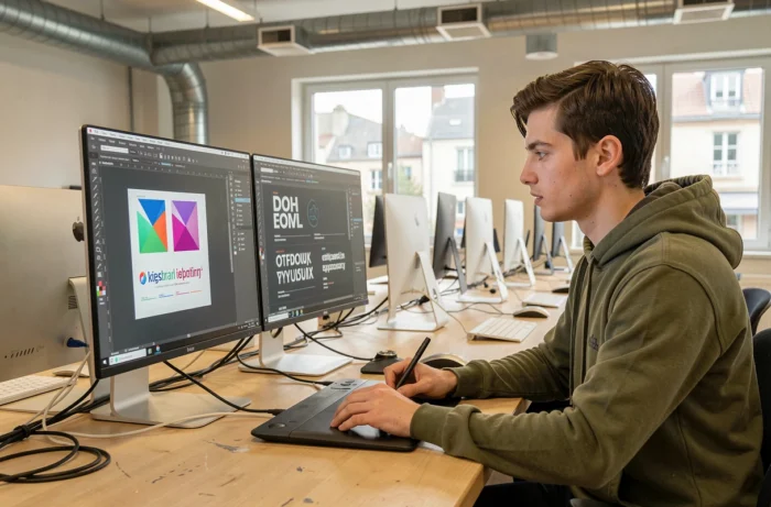 Étudiant en alternance travaillant sur un projet de design graphique sur ordinateur dans un laboratoire numérique d'école de design