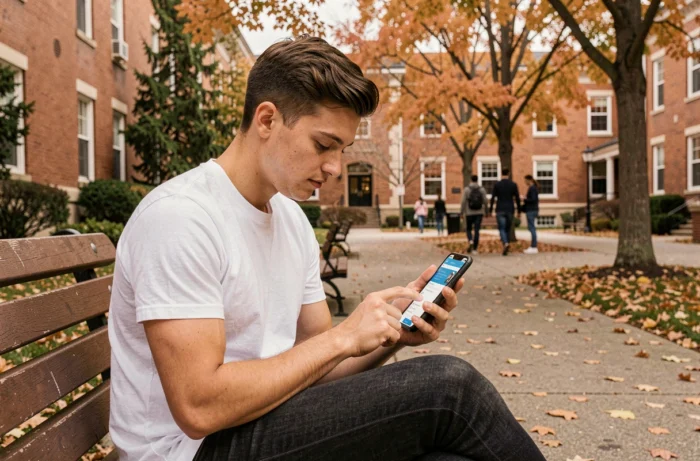 Étudiant consultant l'ENT CESI sur son smartphone en extérieur sur un campus universitaire