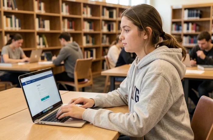 Étudiante connectée à l'ENT CESI sur un ordinateur portable dans une bibliothèque universitaire