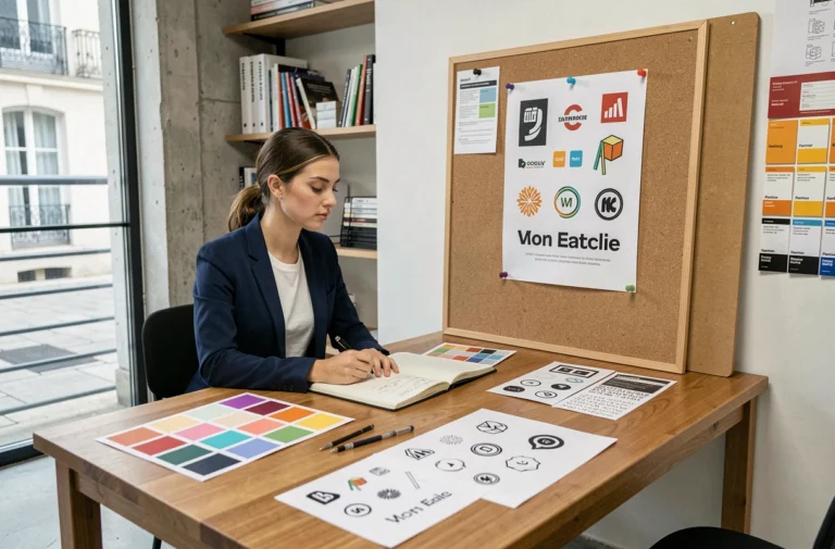 Étudiante en design graphique en alternance analysant des maquettes dans un studio d'école de design française