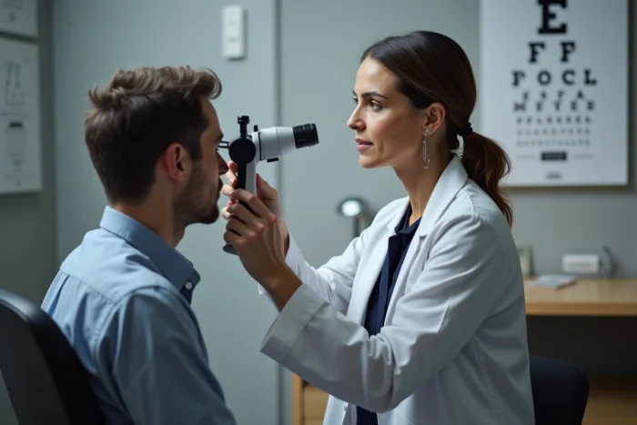 Ophtalmologiste examinant les yeux d'une patiente avec un ophtalmoscope dans un cabinet médical réaliste