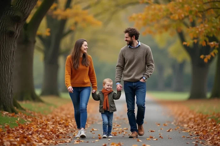 Famille heureuse se promenant dans un parc en automne, parents et enfant main dans la main parmi les feuilles colorées