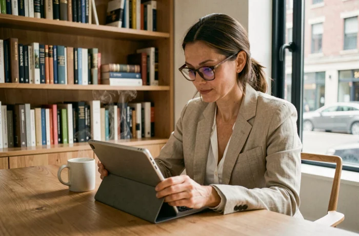 Femme consultant les actualités du jour sur une tablette dans un bureau à domicile moderne