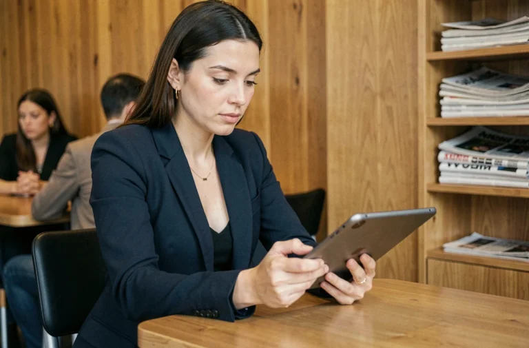 Femme consultant les dernières actualités sur une tablette dans un café moderne, illustrant la veille d'information quotidienne