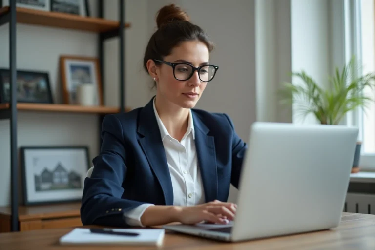 Femme professionnelle consultant une agence immobilière en ligne sur son ordinateur portable dans un bureau moderne