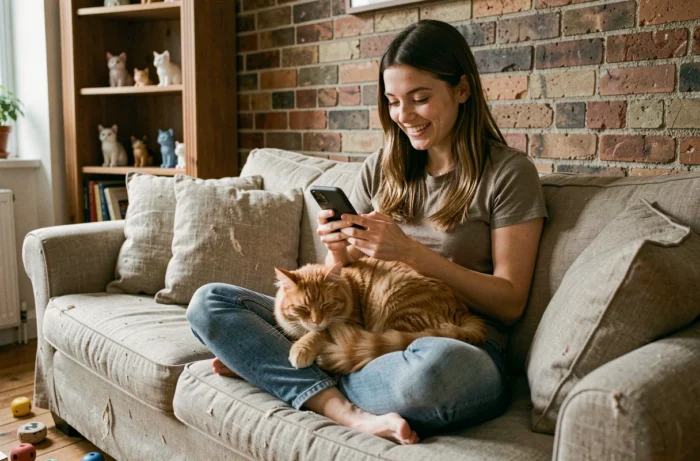 Jeune femme souriante utilisant une application dédiée aux chats sur son smartphone avec son chat roux endormi sur ses genoux
