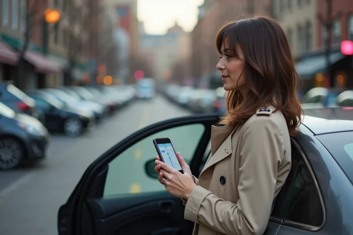 Femme utilisant l'application de navigation Ford synchronisée sur smartphone à côté de sa voiture en ville