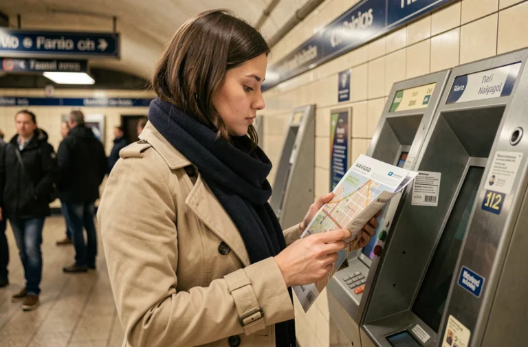 Jeune femme consultant une carte des zones Navigo dans une station de métro parisienne