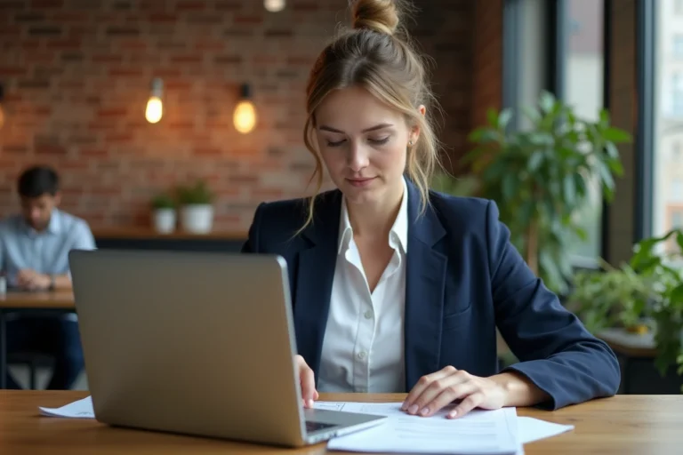 Femme professionnelle analysant des documents de carrière dans un espace de coworking moderne pour choisir sa voie professionnelle