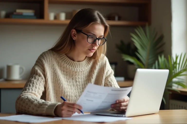 Femme qui examine un contrat d'assurance auto MAE à son bureau avec un stylo et un ordinateur portable