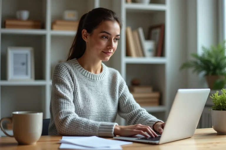 Femme convertissant un fichier WordPad en Word sur un ordinateur portable dans un bureau à domicile bien organisé
