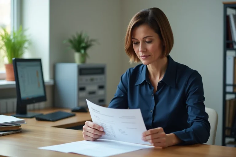 Femme examinant une fiche de paie ESAT dans un bureau administratif