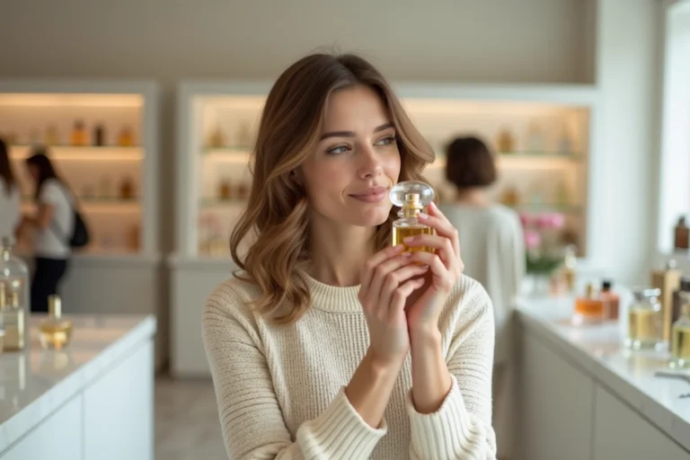 Femme tenant un flacon de parfum élégant dans une parfumerie moderne avec des étagères de flacons colorés en arrière-plan