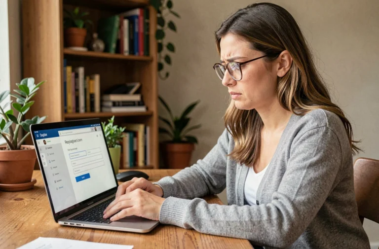 Femme concentrée remplissant un formulaire d'inscription sur une plateforme de formation en ligne depuis son bureau à domicile