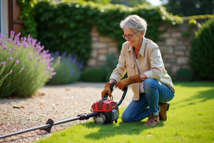 Femme inspectant le résultat d'un bord de pelouse parfaitement tondu avec un coupe-bordure thermique dans un jardin français