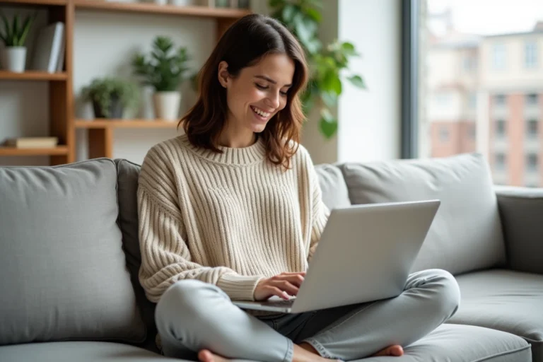 Femme utilisant internet à domicile sur un canapé moderne avec un abonnement internet exclusif