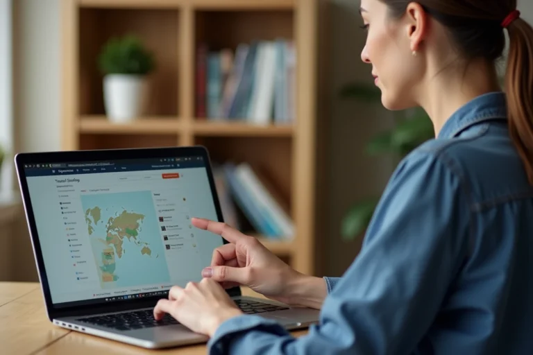 Femme consultant le plan du site d'un site de voyage sur un ordinateur portable dans un bureau à domicile