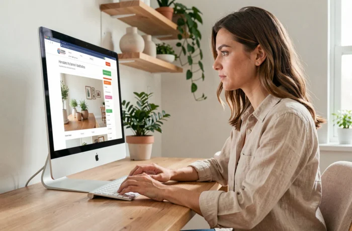 Femme naviguant sur un site de décoration intérieure depuis un bureau en bois dans un espace de travail scandinave épuré