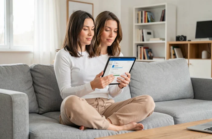 Jeune femme consultant les paramètres de stockage Windows 10 sur une tablette dans un salon contemporain