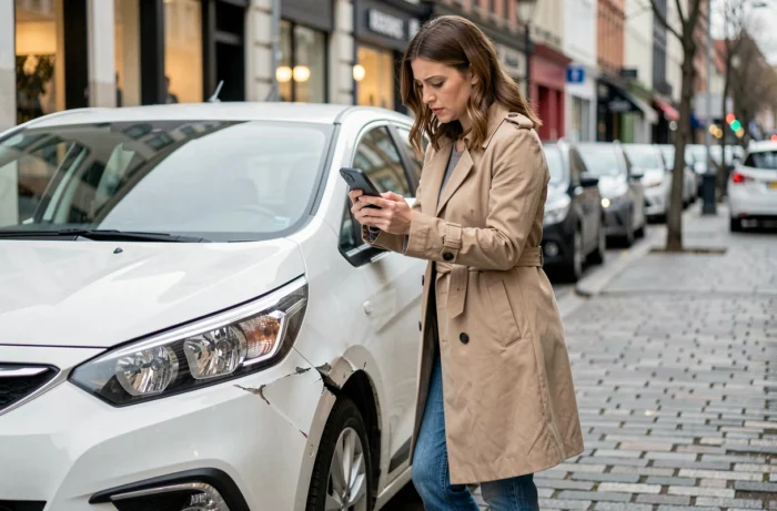 Femme photographiant les dégâts sur le pare-chocs de sa voiture avec un smartphone en ville